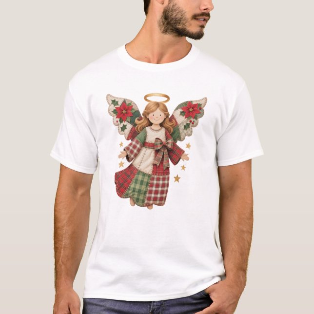 Camiseta Anjo de Natal com Estrelas Douradas (Frente)