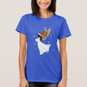 Camiseta Anjo de Natal Preto Elegante com Asas Douradas