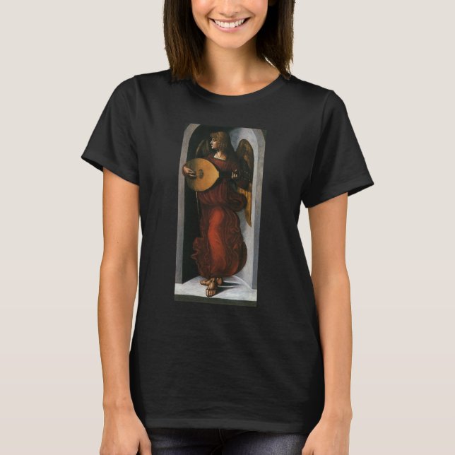 Camiseta Anjo em Vermelho com Alaúde de Leonardo da Vinci (Frente)