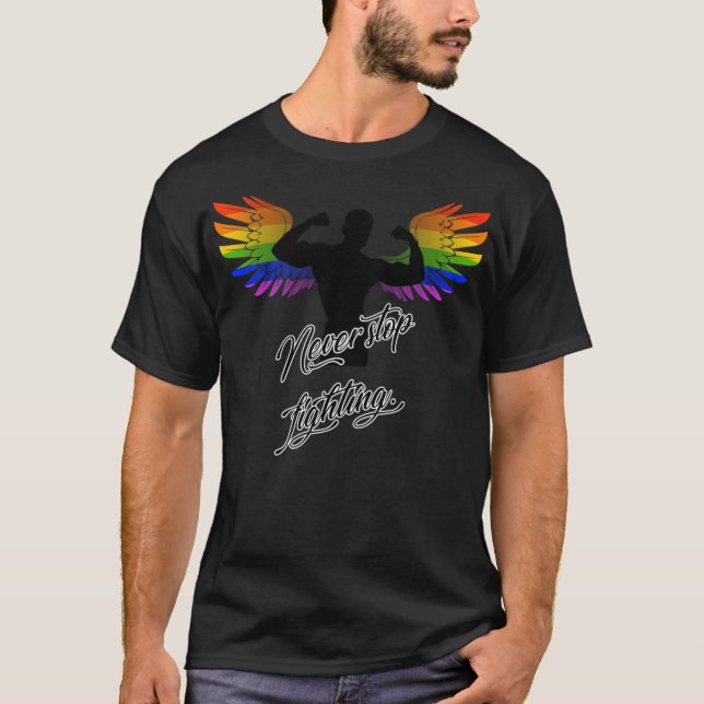 Camiseta Anjo LGBT Nunca pára de lutar contra as Asas Orgul (Frente)