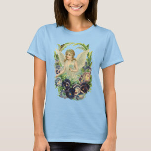 Camiseta Anjo Páscoa vitoriano com Flores Pansy Roxas