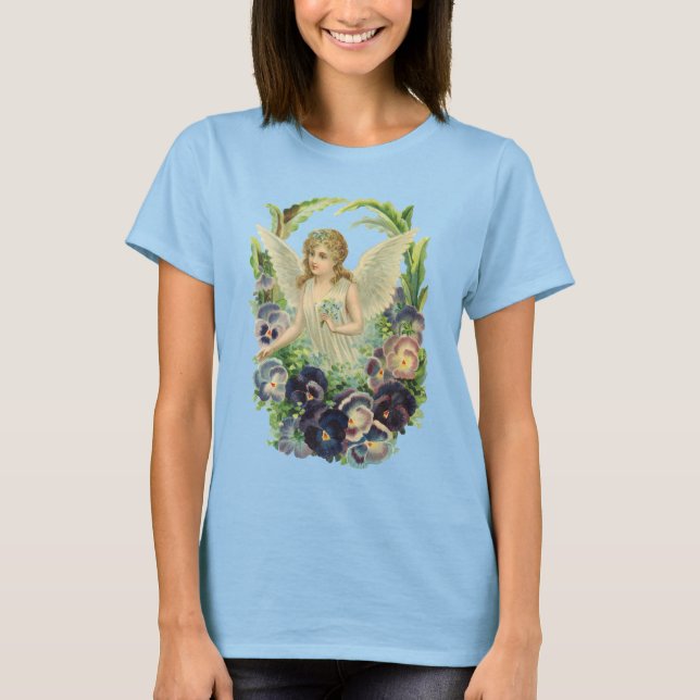 Camiseta Anjo Páscoa vitoriano com Flores Pansy Roxas (Frente)