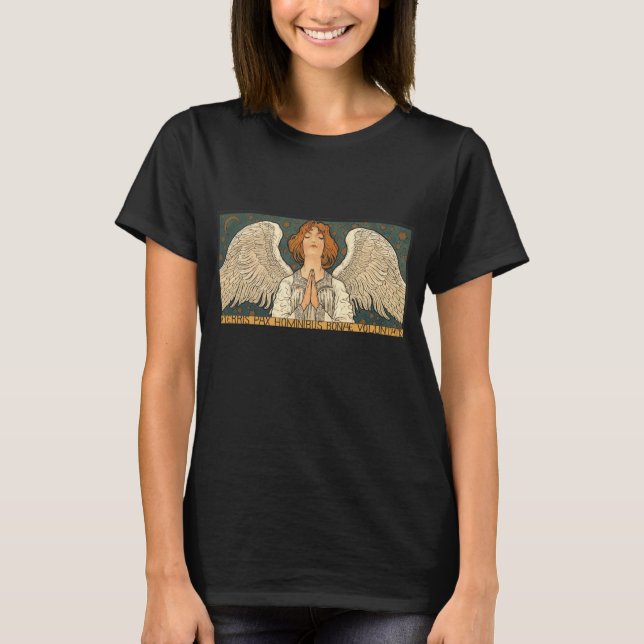 Camiseta Anjo Religioso Antigo Rezando com Estrelas Dourada (Frente)