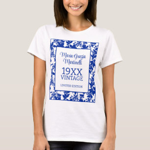 Camiseta Ano de Vintage Azul Branco Chic Aniversário Floral