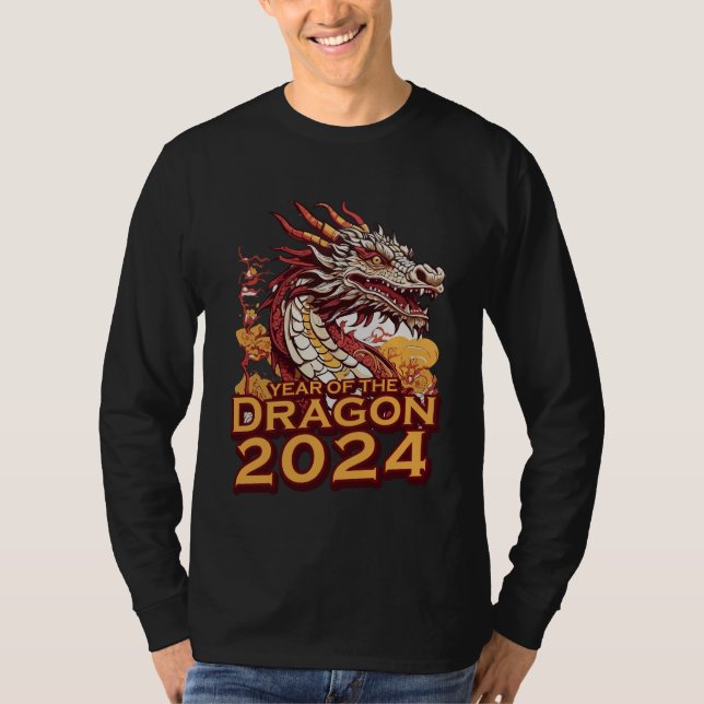 Camiseta Ano do dragão 2024 Manga longa negra masculina (Frente)