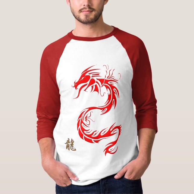 Camiseta Ano do Dragão Vermelho Chinês "DRAGON" e Kanji (Frente)