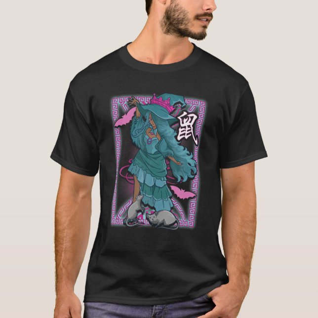 Camiseta Ano do Rato Chinês Zodiac Bruxa Halloween Blac (Frente)