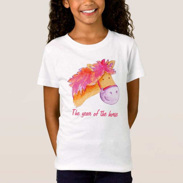Camiseta Ano do t-shirt das meninas do rosa do cavalo (Frente)