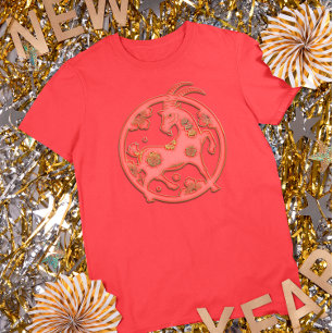 Camiseta Ano Novo Lunar Cabra Zodíaco Chinês Dourado Vermel