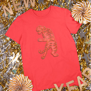 Camiseta Ano Novo Lunar Dourado Vermelho do Tigre Zodíaco C