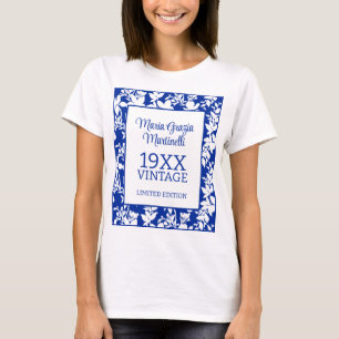 Camiseta Ano Vintage Azul Branco Azul Azul Aniversário Flor