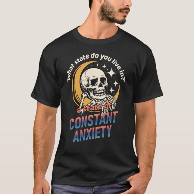 Camiseta Ansiedade Esqueleto Cabeça na Lua Crescente (Frente)