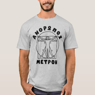 Camiseta Anthropos Metron Citação Grega + Homem Vitruviano