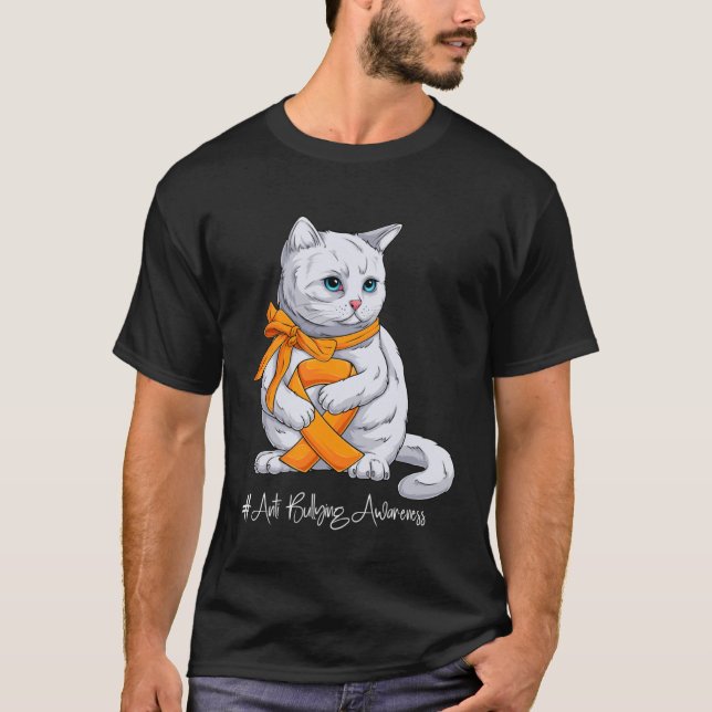 Camiseta Anti Bullying Awareness Month Orange Ribbon Cat (Frente)