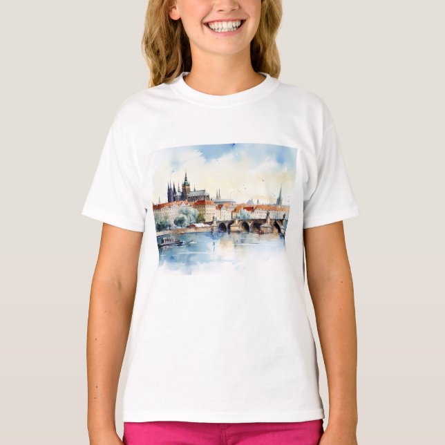 Camiseta Antiga Praga, Charles Bridge Watercolor (Frente)
