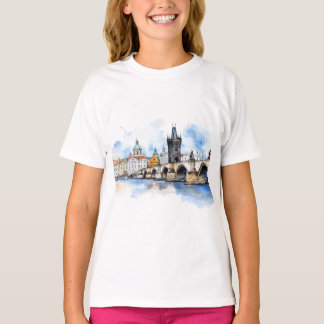 Camiseta Antiga Praga, Charles Bridge Watercolor