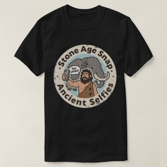 Camiseta Antiga Selfie Caveman Mammoth (Frente do Design)