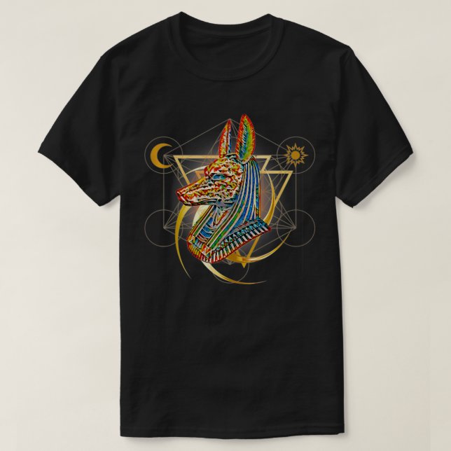 Camiseta ANTIGO EGITO Anubis cabeça Faraó Geometria Rua Lua (Frente do Design)