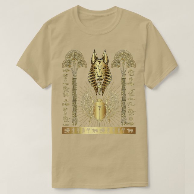Camiseta Antigo Egito Deus Anubis Ankh Scarab Hieroglifos T (Frente do Design)