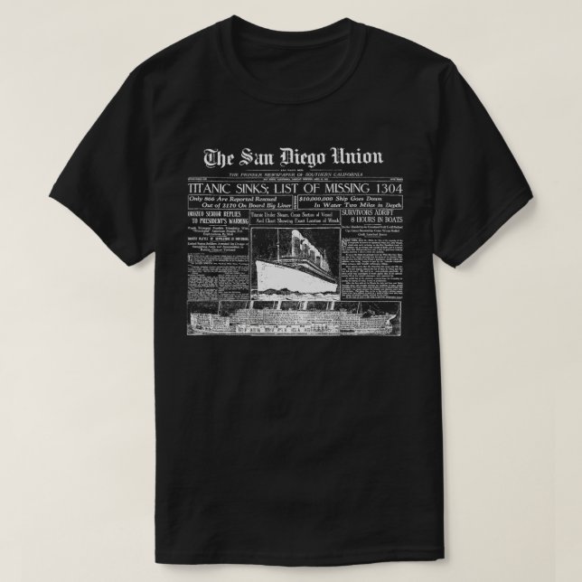 Camiseta Antigo jornal TITANIC 1912 (Frente do Design)