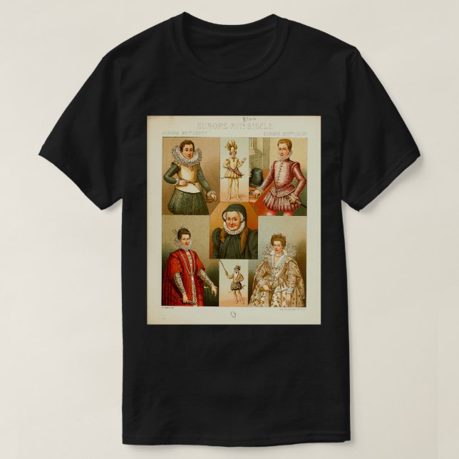 Camiseta Antigos estilos de vida e moda na Europa 16 e 17 (Frente do Design)