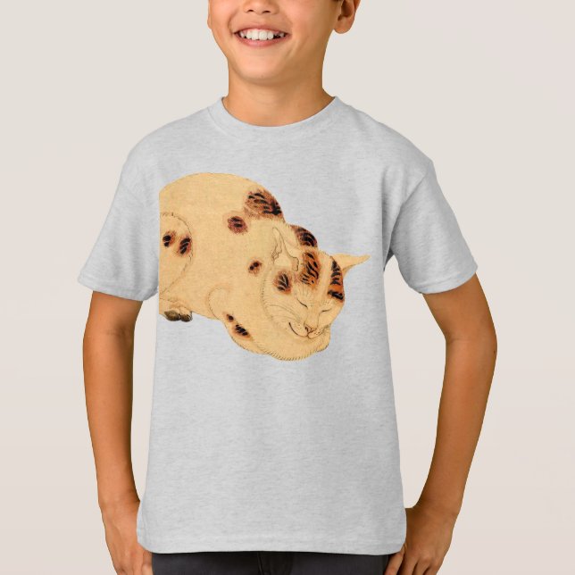 Camiseta Antiguamente Gato Dormindo Bloco de Madeira Japonê (Frente)
