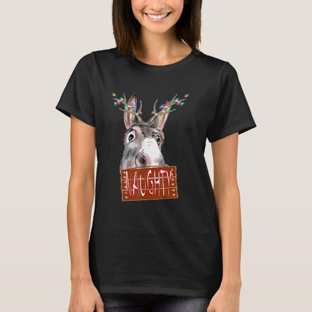 Camiseta Antlers Lights Naughn Sign Christmas Donkey (Frente)