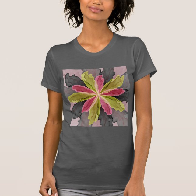 Camiseta Antracite verde rosa Fantasia Flor Arte Fractal (Frente)