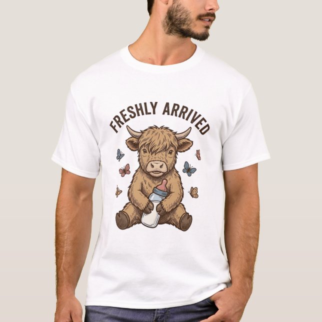 Camiseta Anúncio de Bebê com Design de Bezerro Highland Rec (Frente)
