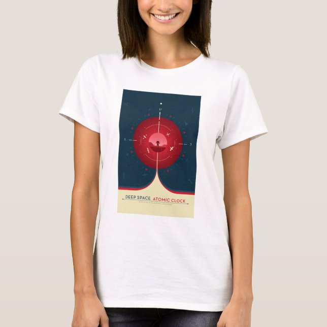Camiseta Anúncio Sci-Fi, Relógio Atômico Vermelho, Espaço P (Frente)