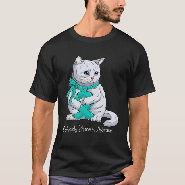 Camiseta Anxiety Disorder Awareness Month Teal Ribbon Cat (Frente)