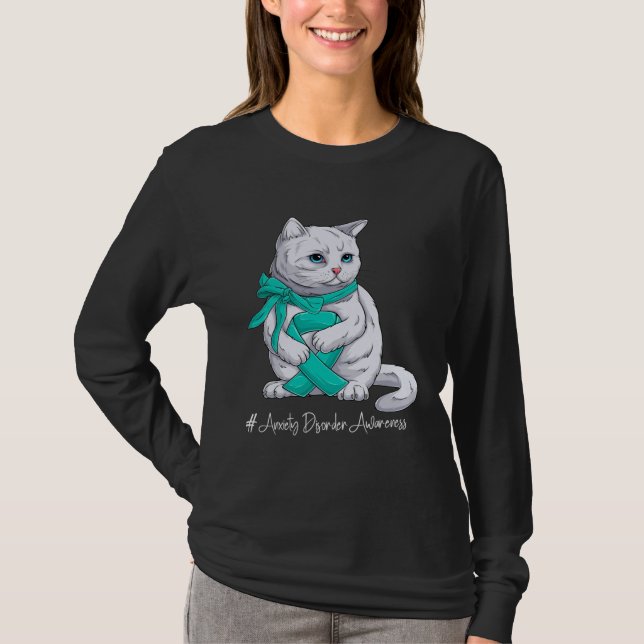Camiseta Anxiety Disorder Awareness Month Teal Ribbon Cat (Frente)