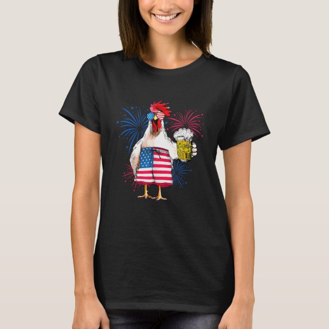 Camiseta Apenas Aqui Para Bang USA Flag Chicken Beer 4 De J (Frente)
