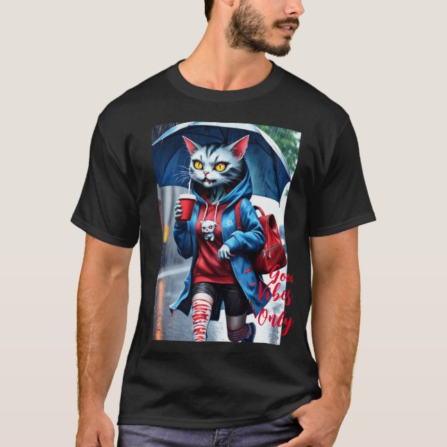 Camiseta Apenas boas vibrações: Gato na Chuva Gráfica T-Shi (Frente)