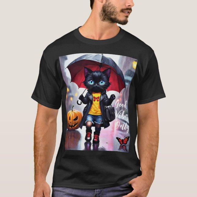 Camiseta Apenas boas vibrações: Gato na Chuva Gráfica T-Shi (Frente)