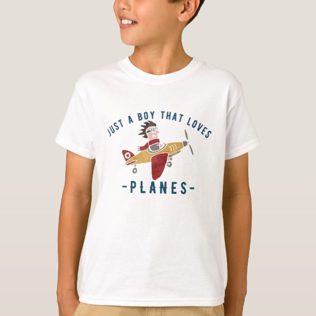 Camiseta Apenas um garoto que ama aviões, um avião-piloto e (Frente)