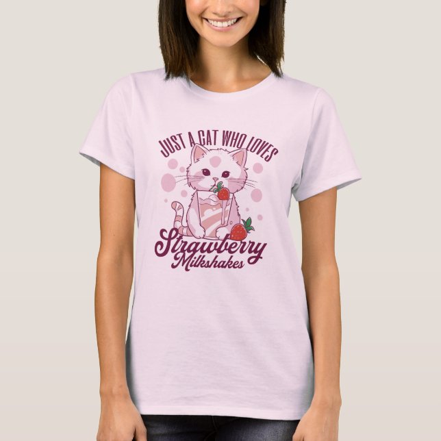 Camiseta Apenas Um Gato Que Ama Strawberry Milkshakes Kawai (Frente)