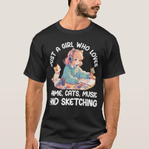 Camiseta Apenas Uma Garota Que Ama Anime Gatos Música e Des