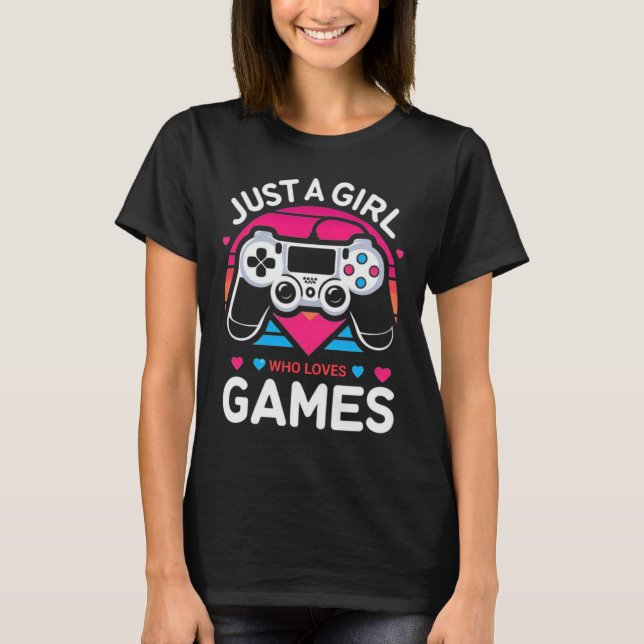 Camiseta Apenas Uma Garota Que Ama Jogos Rosa e Azul Retro  (Frente)