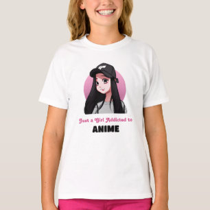 Camiseta Apenas uma garota viciada em animação   Rosa e Pre