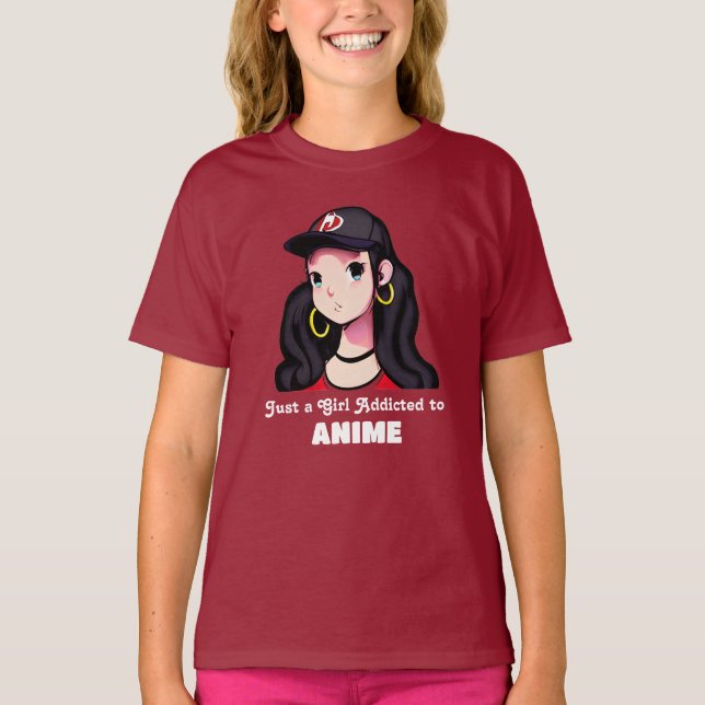 Camiseta Apenas uma garota viciada em animação | Vermelho e (Frente)