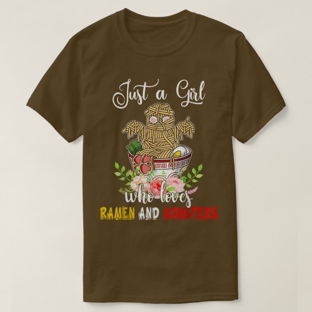 Camiseta Apenas Uma Menina Que Ama Ramen E Monstros Flores (Frente do Design)