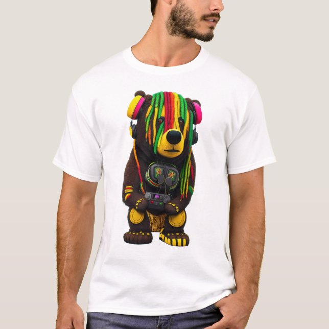Camiseta Apertando a selva Um urso rasta com Fones de ouvid (Frente)