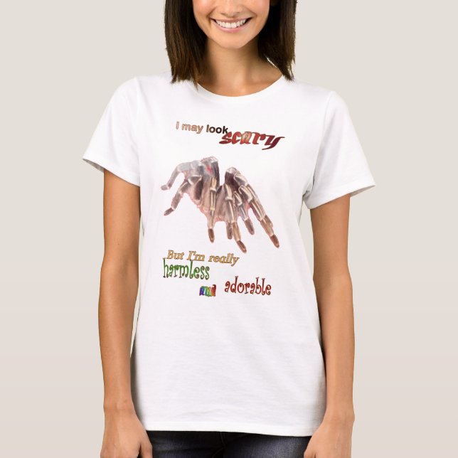 Camiseta Aplique de Mulheres Tarantula, inofensiva. T-shirt (Frente)