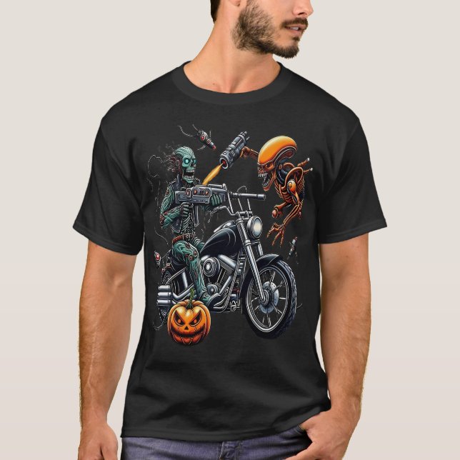 Camiseta Apocalyptic Battle: Zombie Biker vs. Alien (Frente)