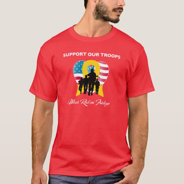 Camiseta Apoie nosso vermelho do desgaste das tropas em (Frente)