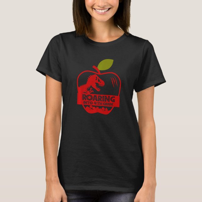 Camiseta Apple Dinosaur Back To School Roaring Into 4th Gra (Frente)