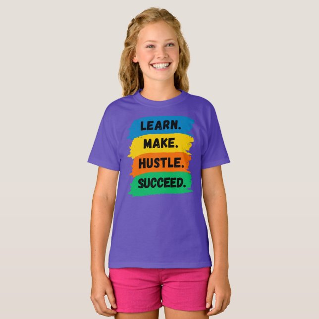 Camiseta Aprender, Fazer, Hustle, Suceder, Slogan motivacio (Frente Completa)