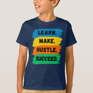 Camiseta Aprender, Fazer, Hustle, Suceder, Slogan motivacio