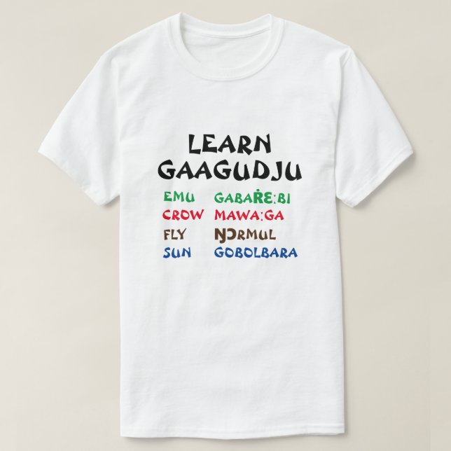 Camiseta Aprender Gaagudju | Emu, Crow, Voo, Sol (Frente do Design)